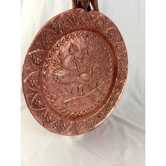 Vintage Hammered Copper Wall Plate Bird Floral Repoussé Hanging Decor 16" - Picture 3 of 11